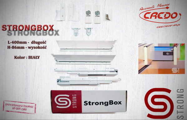 STRONGBOX – prowadnica do szuflad z bokami L400 H-86 Biała