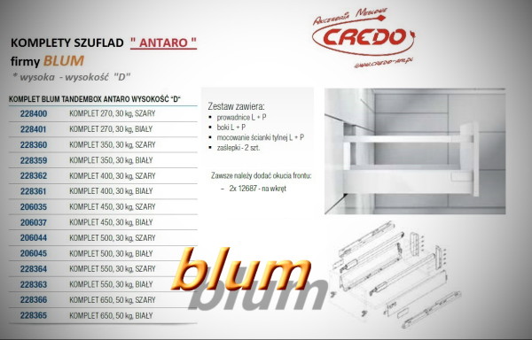ANTARO-BLUM – kompletna prowadnica do szuflad wysokość 'D’