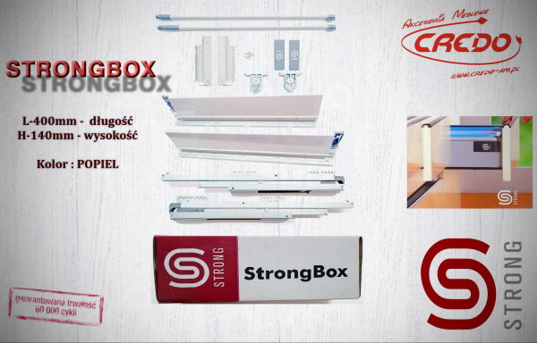 STRONGBOX – prowadnica do szuflad z bokami L400 H-140 Popiel