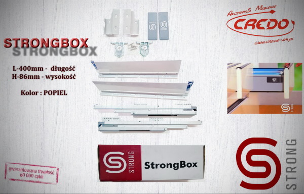 STRONGBOX – prowadnica do szuflad z bokami L400 H-86 Popiel